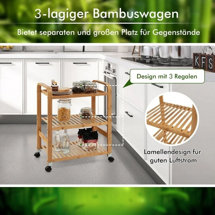 COSTWAY Servierwagen mit 3 Ablagen, Griffen & abnehmbarem Rollen, Küchenwagen Bambus auf Rädern, Mobiler Allzweckwagen Rollwagen Lagerregal für Küche, Flur & Bad, 58 x 33 x 76 cm – Bild 2