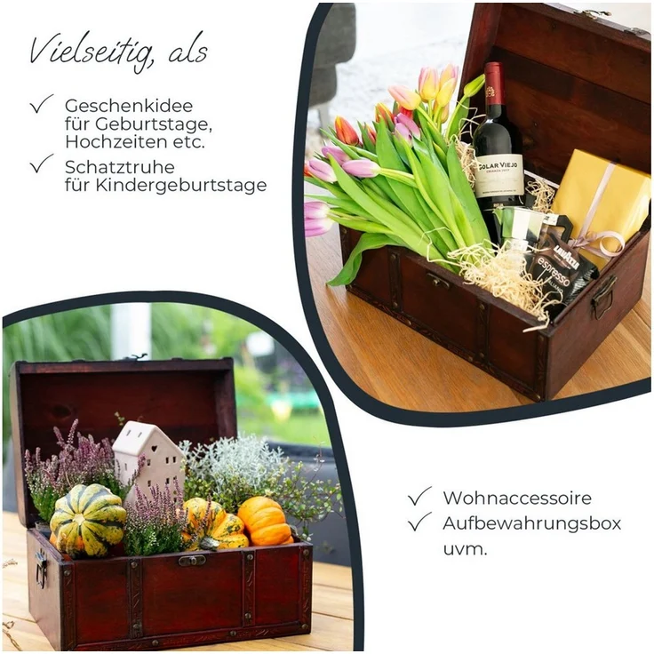 HMF Schatzkiste Handgefertigte Holztruhe Portugal, Schatzkiste mit dekorativem Metallschloss im Antik-Look, 40x30x25 cm – Bild 2