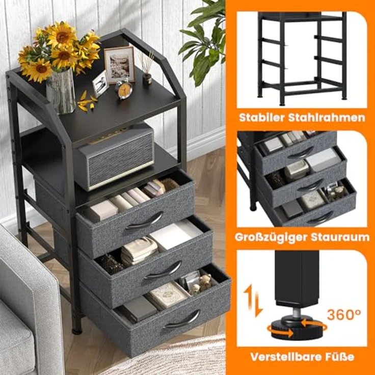 Feonase Nachttisch mit 3 Stoff-Schubladen, Kleine Kommode & Beistelltisch, 2-Fach MDF-Nachtschrank mit offenem Fach, moderner Side Table für Schlafzimmer, Wohnzimmer, Dunkelgrau – Bild 3