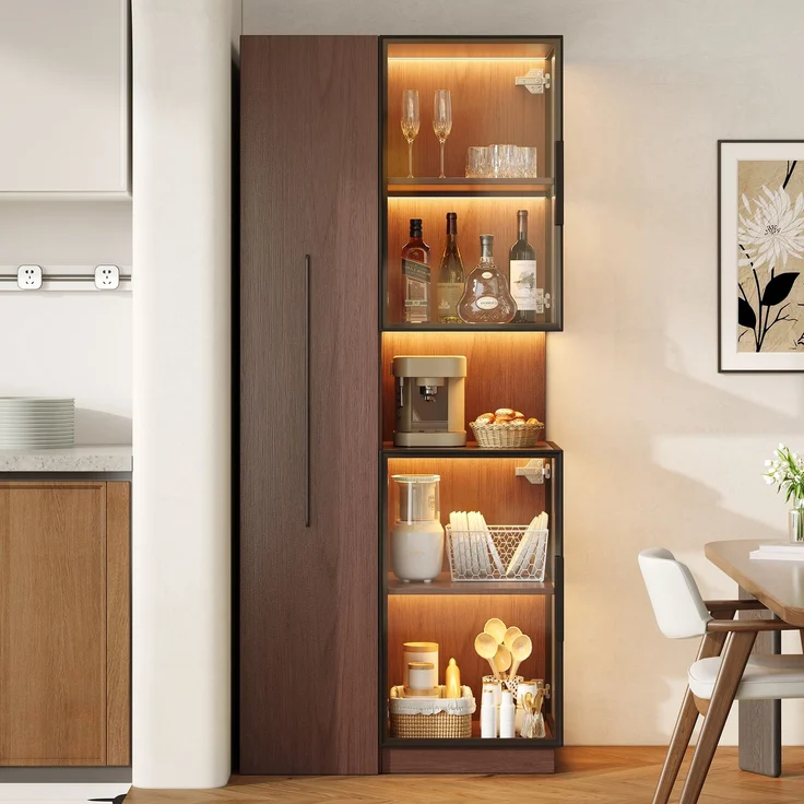 ZUBALIYA Vitrinenschrank 70×38×160 cm mit Ausziehregal – Doppelglas-Standvitrine LED, MDF-Schrank Walnuss, Glasvitrine & Aufbewahrung, multifunktionaler Hochschrank für Wohnzimmer, Esszimmer, Küche – Bild 3