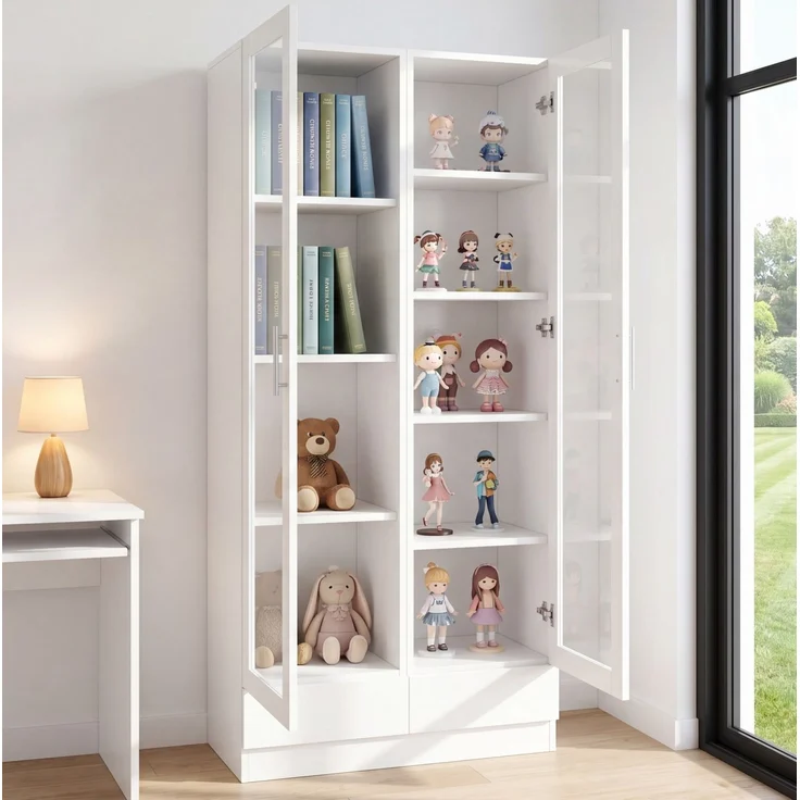 Vitrinenschrank 80 x 40 x 160 cm mit Glastüren, Schublade und versetzten Fächern – Weiß – Bild 3