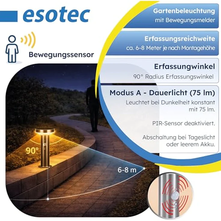 Esotec Solar Gartenbeleuchtung Aussenlampe LENA, Edelstahl, mit Bewegungsmelder, 3 Modi, 40 LEDs, 4000K neutralweiß, H44,5cm, Erdspieß & Schraubsockel – Bild 4