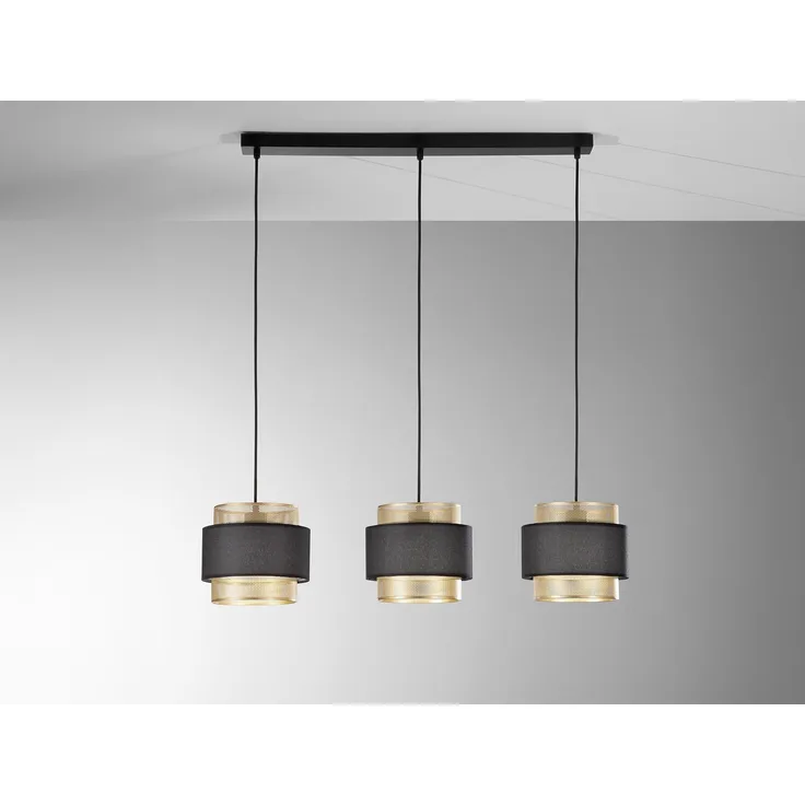 LED Hängelampe 3-flammig, Metall Gold mit Stoffblende Schwarz, Breite 85cm