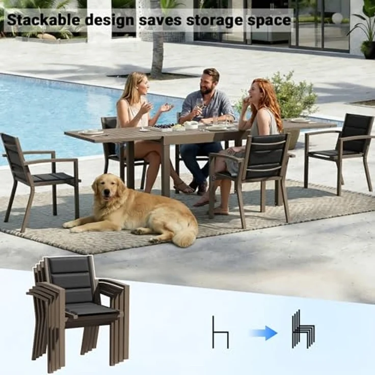 JUMMICO Garten Balkon Möbel Set Aluminium Leichtgewicht Stapelbare Stühle mit Textilpolster Stabil und Einfach Montiert,4 Personen Set – Bild 6