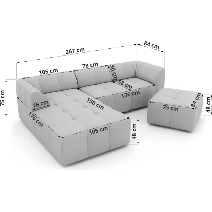 Modernes Wohnzimmer Sofa mit Hocker VORITA 4M L Freistehendes Ecksofa, L-Couch, Gepolstertes Sofa, Wellenfedern, Wohnlandschaft - Beige Velvet - Links – Bild 4