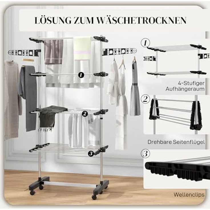 HOMCOM Wäscheständer Trockenständer mit Rollen, Wäscheturm für Indoor, Outdoor, Edelstahl, 142 x 55 x 172 cm, Schwarz – Bild 5