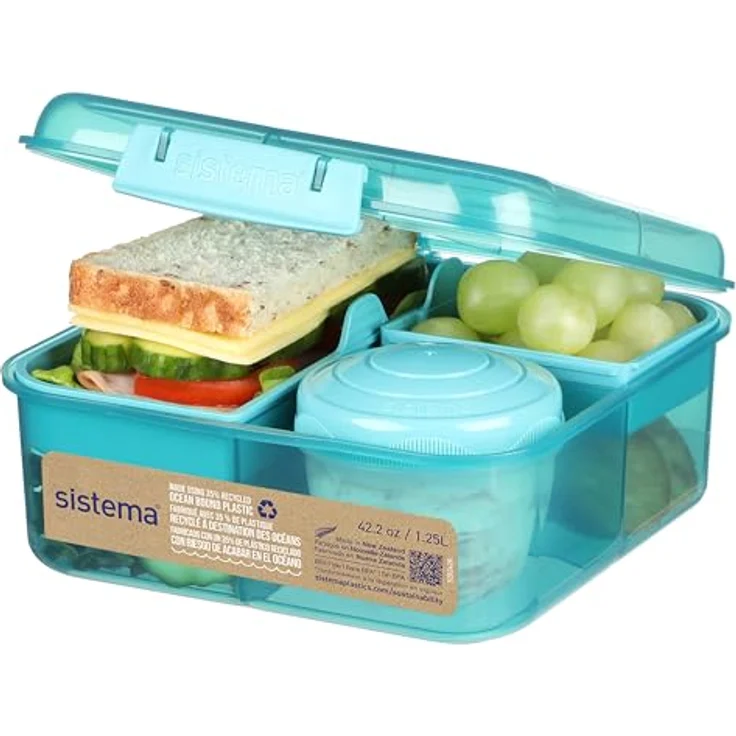 Sistema Bento Box Ocean Bound Plastic Brotdose mit Fächern | 1,25 L Lunchbox mit Joghurt-/Fruchtbehälter | Lunchbox Kinder & Erwachsene l | Hergestellt mit recyceltem Kunststoff | türkis – Bild 2