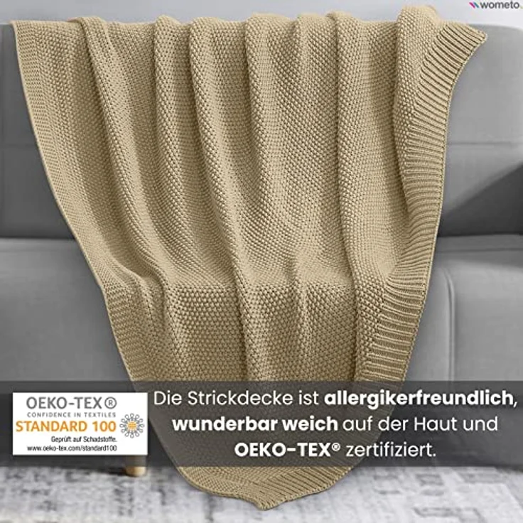 wometo Strickdecke Beige, 140x190 cm, Oeko-Tex® zertifizierte Kuscheldecke aus 100% Polyacryl, pflegeleicht und waschbar – Bild 2