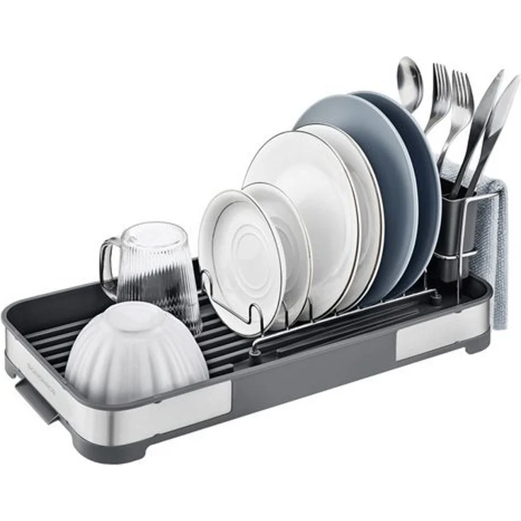 SONGMICS Abtropfgestell klein, Geschirr-Abtropfgestell für Spüle, Abtropfständer, Abtropfgitter Edelstahl, Abtropfschale, Besteckhalter, Tassenhalter rostfrei, für Geschirr, silbern-grau KCSDE034G01 – Bild 1