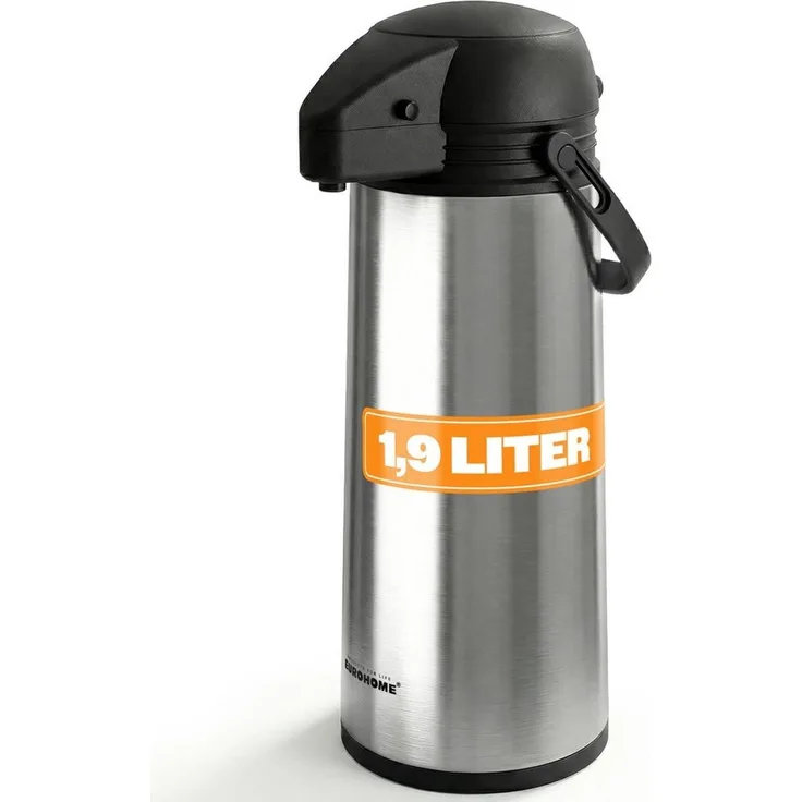 EUROHOME Pump-Isolierkanne Airpot Pumpkanne Edelstahl für 1,9 Liter mit Tragegriff, 1,9 l, (1-St, Thermoskanne 35 cm hoch), Isolierkanne mit Pumpfunktion - Pumpkannen