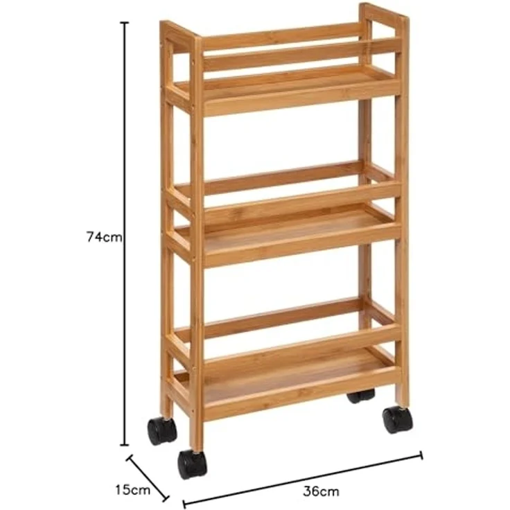 Well Home - Beistellwagen aus Bambus mit Rädern, 36 x 15 x 74,5 cm, 3 Ebenen, ideal für Küche, Bad und Büro, platzsparend – Bild 6