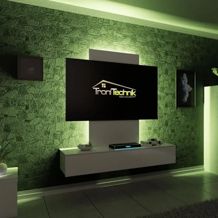 TroniTechnik Lowboard TV Board Velan (140cm x 38,5cm x 26cm) (Optimal für Ihre Multimedialandschaft, Melaminbeschichtete Spanplatte), Vorgebohrte Führungen für Kabel, inkl. LED-Beleuchtung – Bild 2