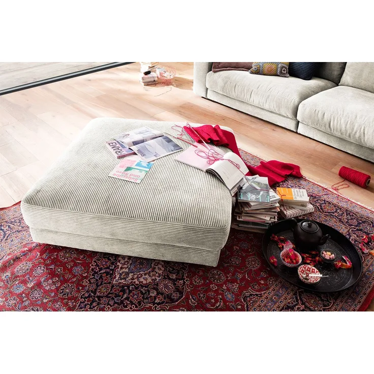KAWOLA Big Hocker MADELINE Polsterhocker Cord cremeweiß 43 x 120 x 120 cm