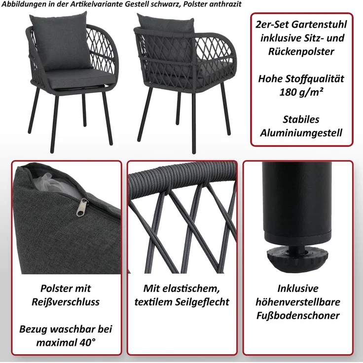 2er-Set Gartenstuhl HWC-Q38, Gartensessel Armlehne, Aluminium Seilgeflecht Rope ~ Gestell hellgrau, Polster creme – Bild 2