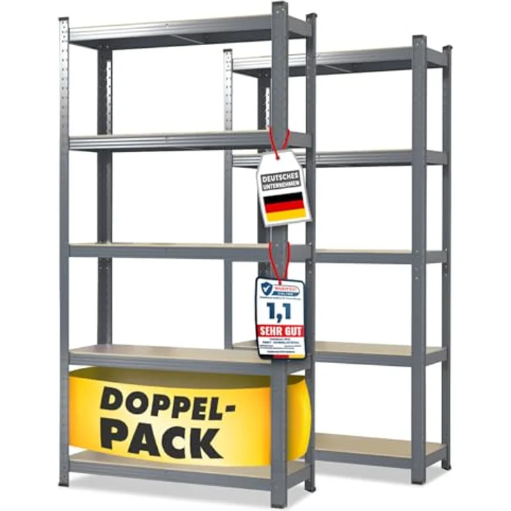 Floordirekt Schwerlastregal, 2er Set, grau 150 x 75 x 30 cm Steckregal, Kellerregal, Lagerregal, Werkstattregal, Werkbank - 5 verstellbare Böden (Lakota) – Bild 2