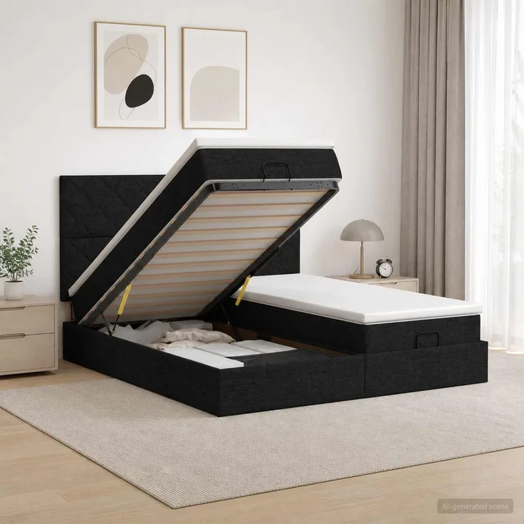 vidaXL Ottoman Bett mit Matratze mit Kopfteil 2 Stk. Schwarz Stoff 3457878