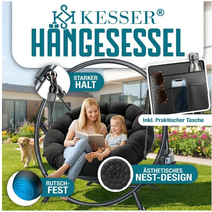 KESSER® 'BALI' Hängesessel, mit Gestell, bis 150kg, für Indoor und Outdoor + Kissen & Seitentasche, Stahlgestell/Schaumstoff Schwarz, 167,5 x 140 x 115,5 cm – Bild 2