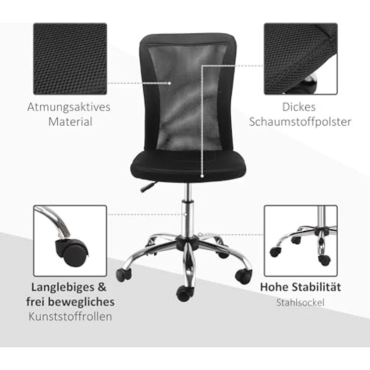 Vinsetto Ergonomischer Bürostuhl, Schwarz, Höhenverstellbar, Atmungsaktives Mesh, Drehstuhl mit 5 Rollen, 90-100 cm Höhe – Bild 4