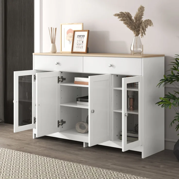 Sideboard 120x37x80 cm im Landhausstil, mit 4 Türen, 2 Schubladen und verstellbaren Böden – Bild 8
