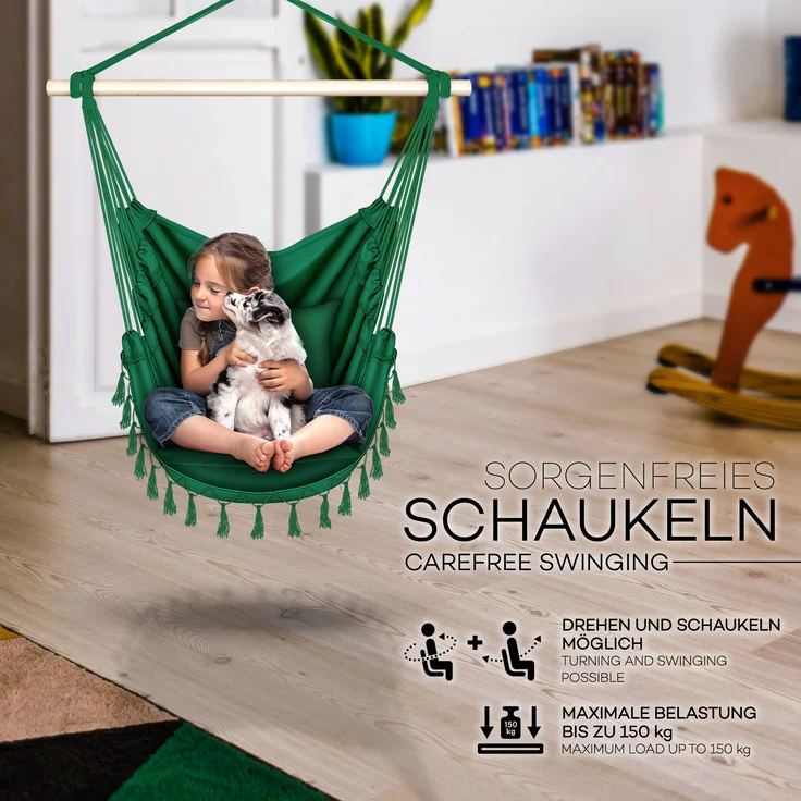 tillvex Hängesessel Grün 2 Kissen zum Aufhängen | Hängestuhl mit Getränkehalter & Bücherfach | Hängesitz wetterfest - Indoor & Outdoor | Hängekorb mit Tragetasche für Erwachsene & Kinder – Bild 3
