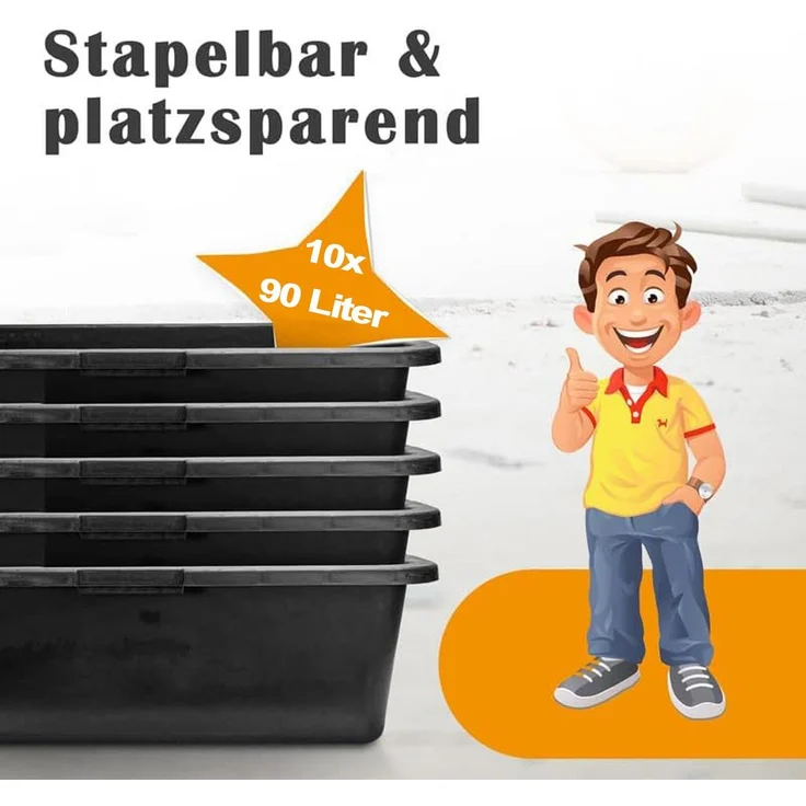 BURI Mörtelkasten Set 10 Stück (90L) - Robuste Mörtelkästen, Pflanzkübel, Maurerkasten für Baustelle, Garten & Heimwerkerprojekte, UV-beständig, stapelbar – Bild 5