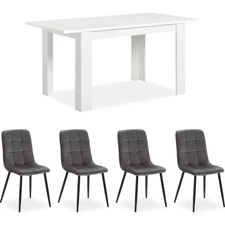 Esstisch mit 4 Stühlen Set Essgruppe Samt Polsterstühle Grau Küchentisch Modern Holz Weiß 120x80 cm Esszimmertisch Massiv