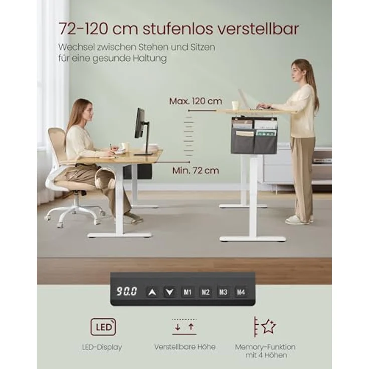SONGMICS Höhenverstellbarer Schreibtisch elektrisch, 160x70 cm, Verstellbarer Tisch, Memory-Funktion für 4 Höhen, für Büro, goldeichenfarben LSD136Y01 – Bild 6