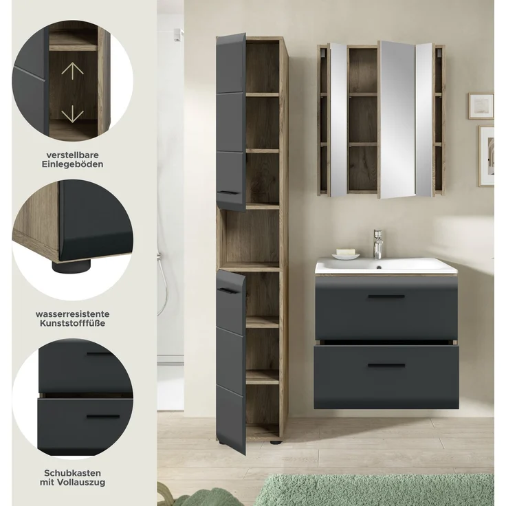 Badkombination (B/H/T: 105x185x46 cm) in schwarz matt und Nox Oak Nachbildung – Bild 7