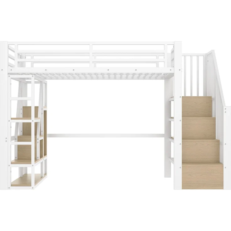 Hochbett mit RGB LED-Streifen und Regal, 90x200cm, Metallbett mit Rausfallschutz, Lattenrost und Treppe, Kinderbett – Bild 8