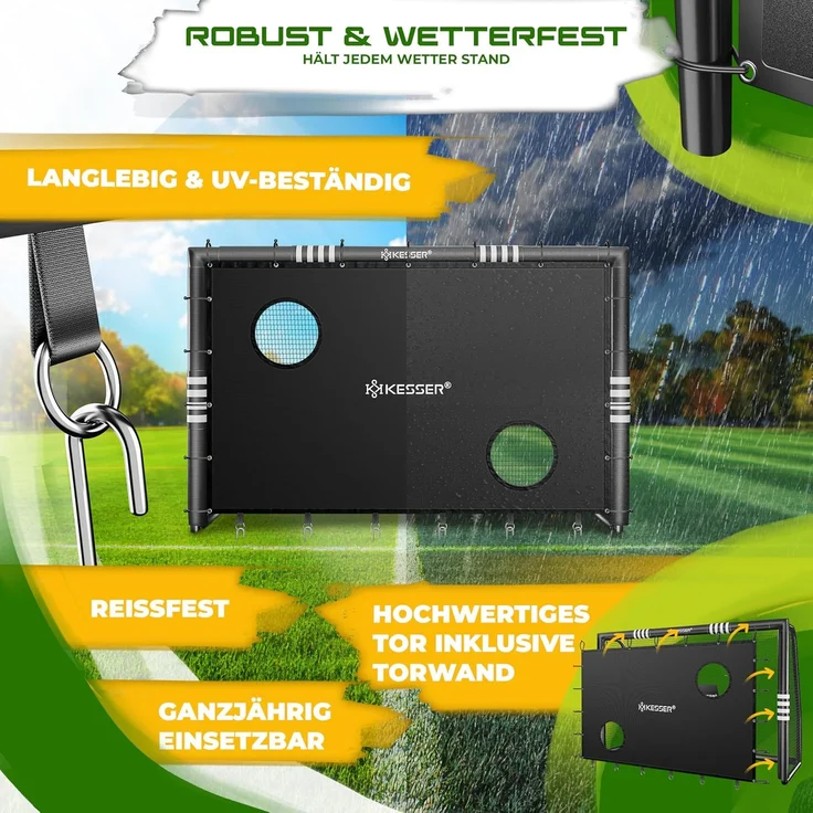 KESSER® Fußballtor für Garten robustes Outdoor Training Schusstraining UV-beständigem Netz, Stahlrahmen mit Polsterung, Erdhaken, Luftpumpe, Hüttchen, Montagezubehör für Kinder und Erwachsene Schwarz, 300cm, mit Torwand – Bild 3