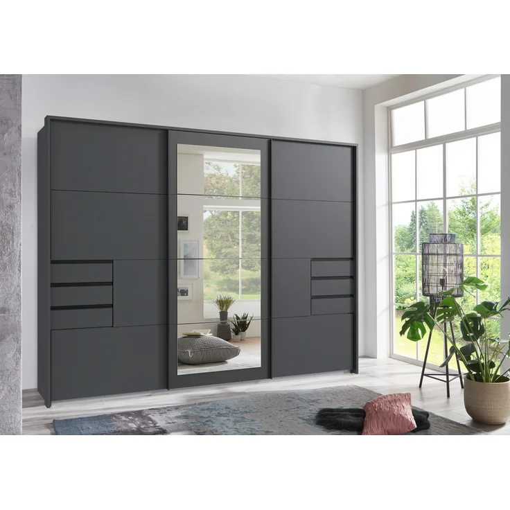 Schwebetürenschrank Kleiderschrank 273cm 3-trg. Passepartout Schubladen Spiegel Grafit – Bild 3