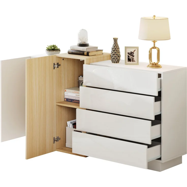 DESVIAE Sideboard mit 4 Schubladen und 2 Türen, 140x76,5x35 cm, MDF, Weiß hochglänzend – Bild 7