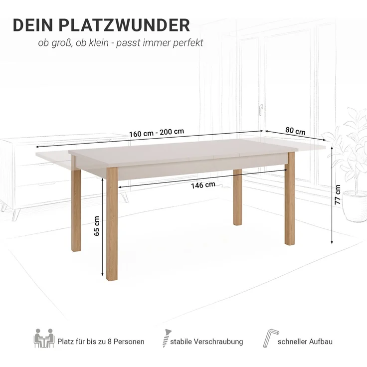 Esstisch ausziehbar 160x80 cm Wohnzimmertisch Holz Beige Grau Küchentisch Esszimmertisch Holztisch Tisch – Bild 3