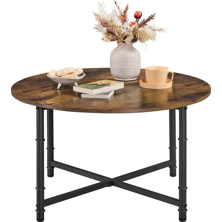 Yaheetech Couchtisch Runder Kaffeetisch mit Einstellbarer Schutzfüße Beistelltisch Sofatisch Wohnzimmertisch im Industriellen Stil Rustikal-Braun