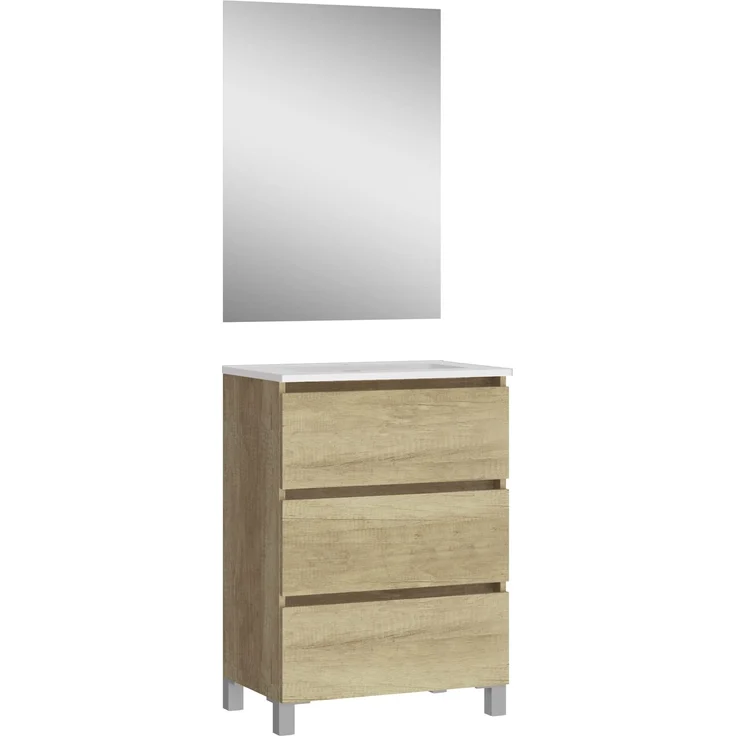 Baikal, Badezimmer-Set Natura, Badezimmermöbel mit reduziertem Boden, mit Keramikwaschbecken, Aufteilung mit DREI Schubladen, montiert, DREI Schubladen mit Spiegel, Tiefe 39 cm, 50 cm, Nature