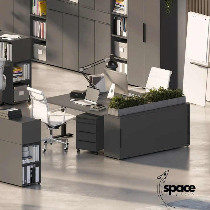 bümö Space Sideboard weiss mit Schiebetüren, Aktenschrank Holz 160 cm breit - Büro Schrank mit Schiebetür, Büroschrank schmal für die Dachschräge - Kommode für Ordner, SPCSS1OH-84 – Bild 5