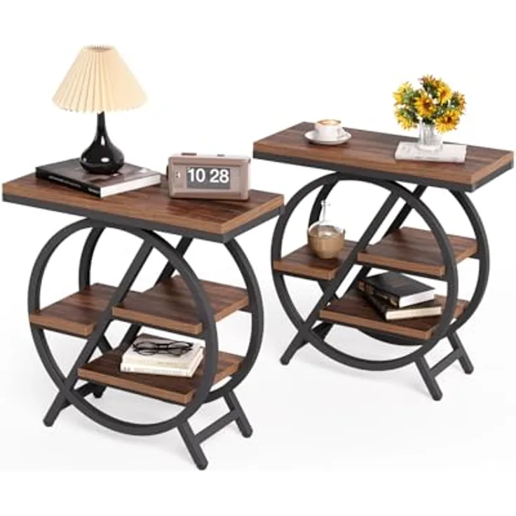 Beistelltisch 2er Set Schmaler Beistelltisch mit 4 Etagen Großer Stauraum, Moderner Nachttisch für Wohnzimmer, Home Office, Schlafzimmer, Braun