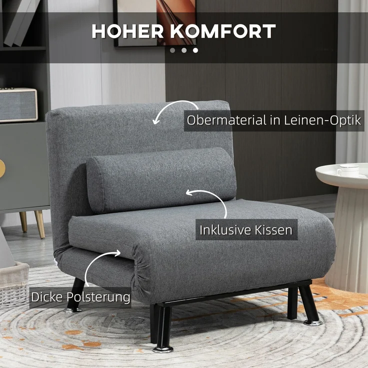 JARDJ Klappsessel mit Bettfunktion, klappbarer Relaxsessel in Leinenoptik, Verstellbare Rückenlehne, 75 x 70 x 75 cm, Dunkelgrau – Bild 7