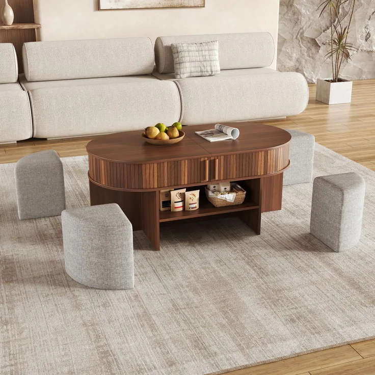 Ovaler Stauraum-Couchtisch mit vertikaler Rillenverkleidung, Couchtisch-Set mit Stoffhockern, Korpus aus Spanplatte+MDF, Metallgriffe, Couchtisch mit Schiebetüren an der Vorderseite--Nussbaum--120x60x51.5cm--YOUDENOVA
