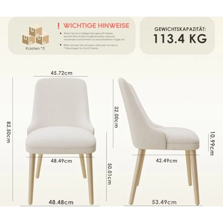 COLAMY Esszimmerstühle 6er Set, Gepolsterter Stuhl mit Holzbeinen, Hohe Rückenlehne für Esszimmer/Restaurant/Café, Beige – Bild 3