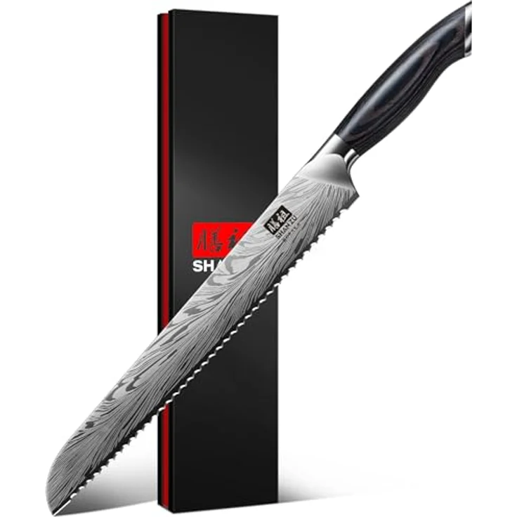 SHAN ZU Brotmesser aus Pulverstahl, 25 cm Japanisches Küchenmesser mit Wellenschliff Kohlenstoffreiches 63 HRC-Brotschneidemesser 12°-Scharfes Längerer Klinge für Brot und Kuchen – Bild 2