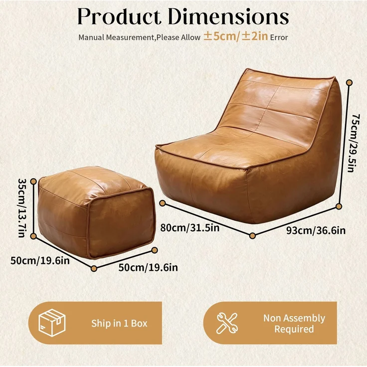 Sitzsack-Sessel 80cm×93cm×75cm mit Hocker in Braun – ergonomische Form und kompakte Relaxlösung – Bild 7
