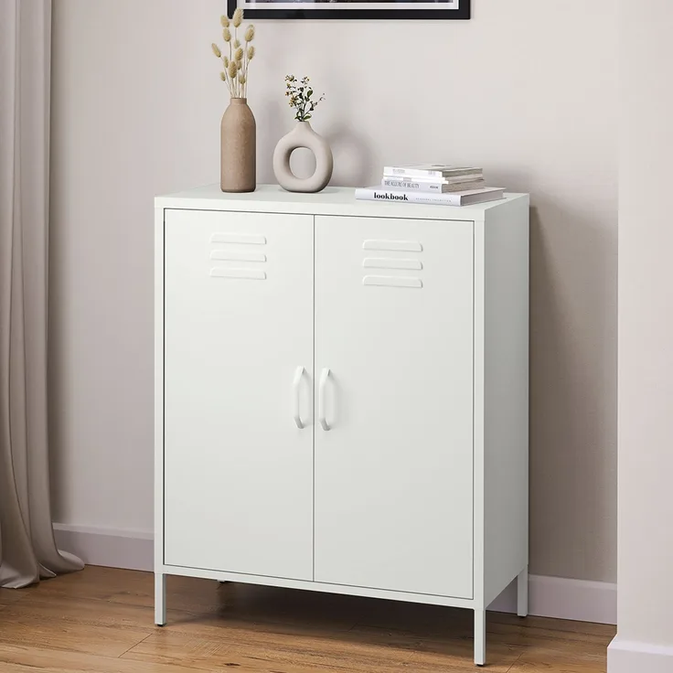 skølm 'Atria' Metallkommode, weiß, 100x38x80 cm, Metallschrank mit 3 Fächern