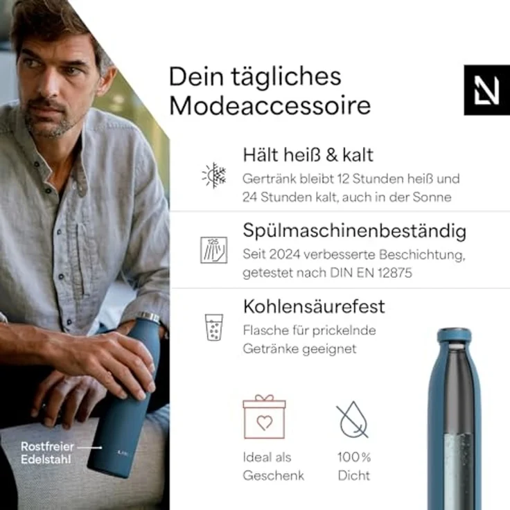 LARS NYSØM Edelstahl Trinkflasche 350ml, 500ml, 750ml, 1L, 1 5 liter | Thermosflasche Kohlensäure geeignet | Auslaufsichere Wasserflasche für Sport, Outdoor, Schule (Calypso Blue, 1000ml) – Bild 2