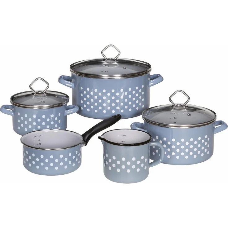 Topfset RÜGEN, 5-tlg. Emaille, blau mit weißen Punkten / Kochtöpfe / Kochtopf Set – Bild 1