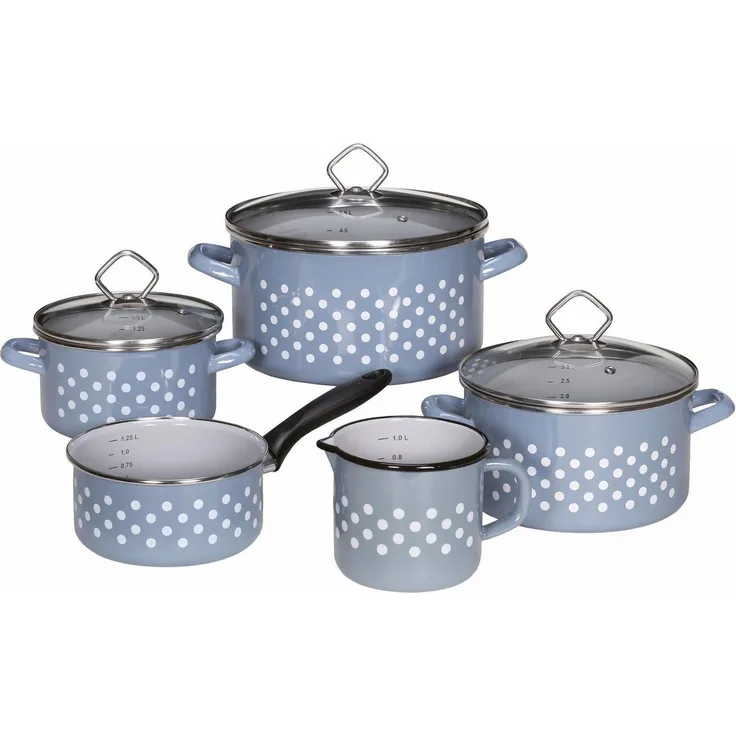Topfset RÜGEN, 5-tlg. Emaille, blau mit weißen Punkten / Kochtöpfe / Kochtopf Set