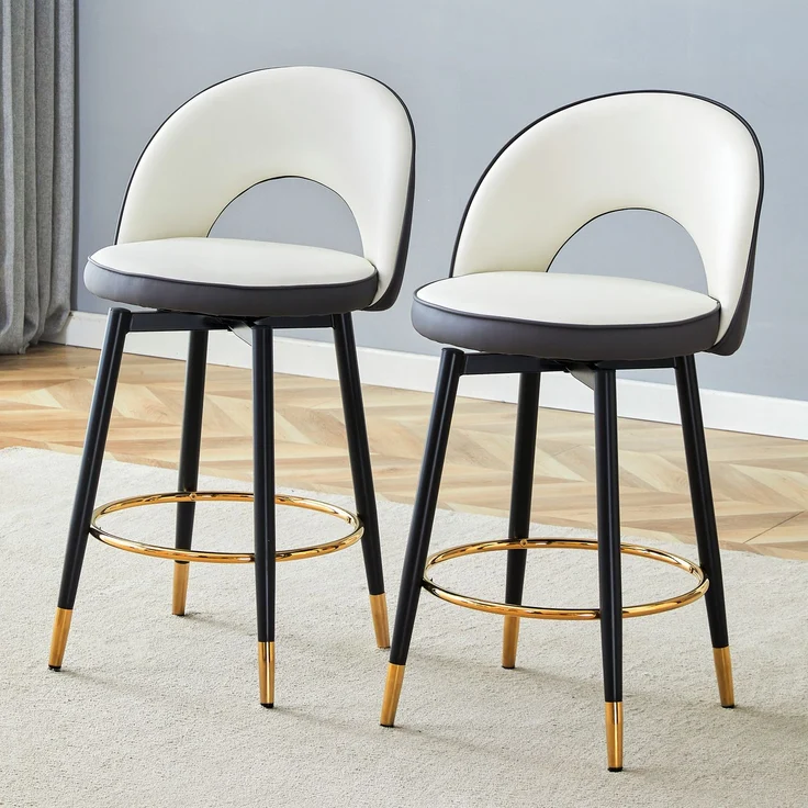 360° drehbarer Barhocker, Dunkelgraue und weiße Sitzkissen-Kombination, PU-Material, komfortabler gepolsterter Barhocker, geeignet für Bars, Esszimmer, Küchen, Terrassen usw, Eine Box mit 2 Stück.--Dunkelgrau, Weiß--44x44x91.5cm--YOUDENOVA – Bild 2