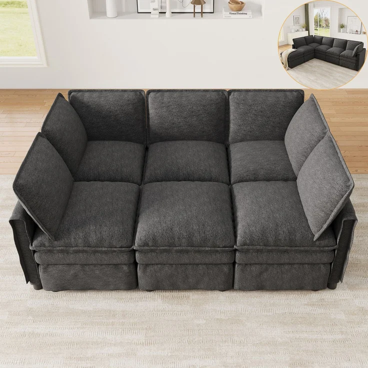 ZUBALIYA Wohnlandschaft 127x91 cm, mit Chenille - Bezug, mit Samtbezug, mit breiten Armlehnen, modular aufgebaut, Beige – Bild 3