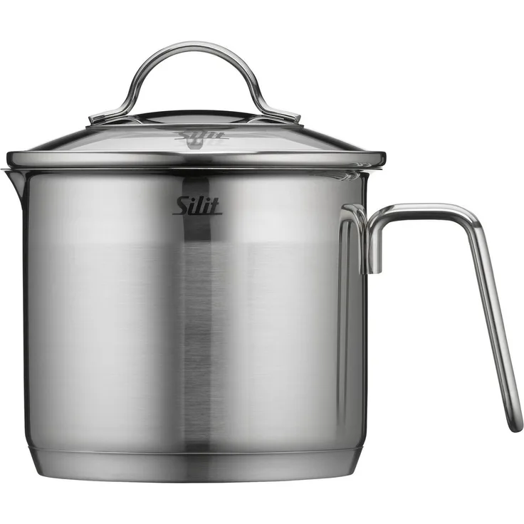 Silit Achat Milchtopf mit Glasdeckel 14 cm, hoher Kochtopf 1,7l, Edelstahl teilmattiert, Induktion, unbeschichtet, backofengeeignet