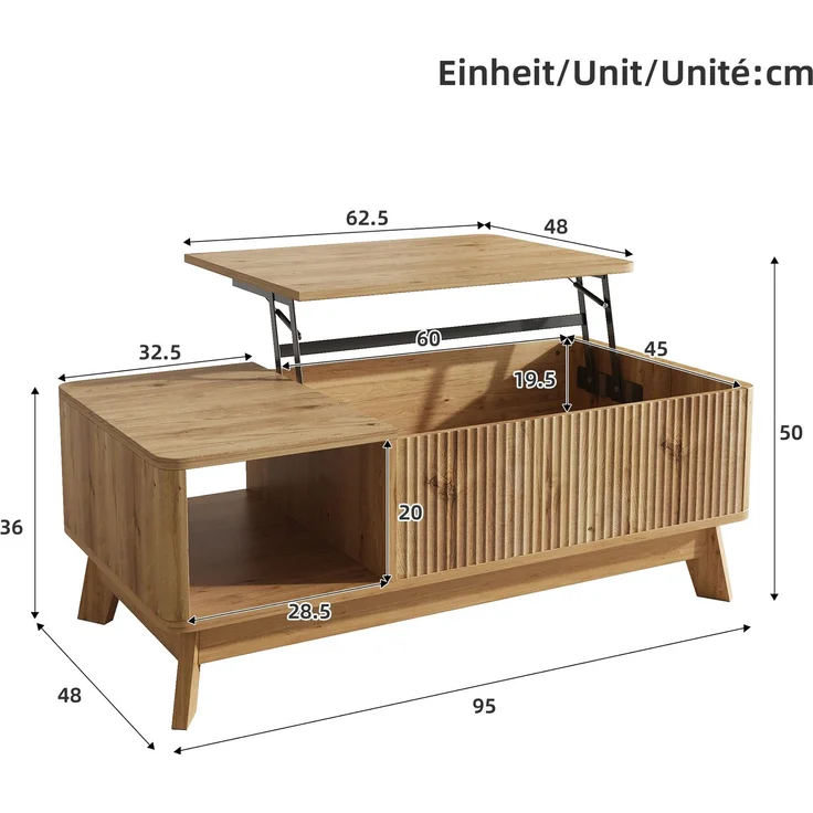 Merax Couchtisch mit Hubfunktion, Wellenoptik, offenes Seitenfach, MDF-Material, Moderner Stil, Natur – Bild 4
